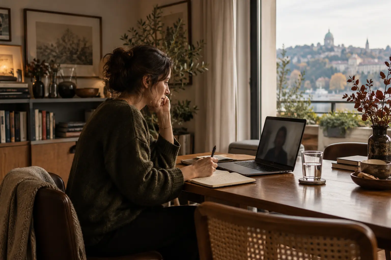 Mirna individualna online sesija uz računar, beležnicu i čašu vode